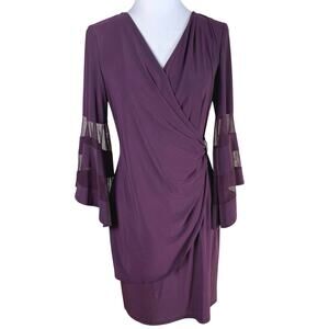 R & M Richards Size 8 Surplice Rouched Bell-Sleeve Dress Purple Plum Cocktail